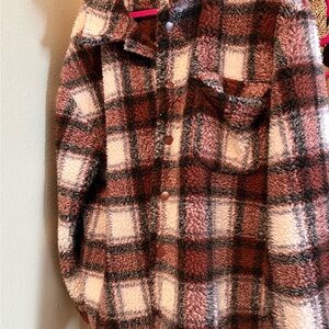 No Boundaries Plush Teddy Jacket in Pink, Cream & Brown Plaid